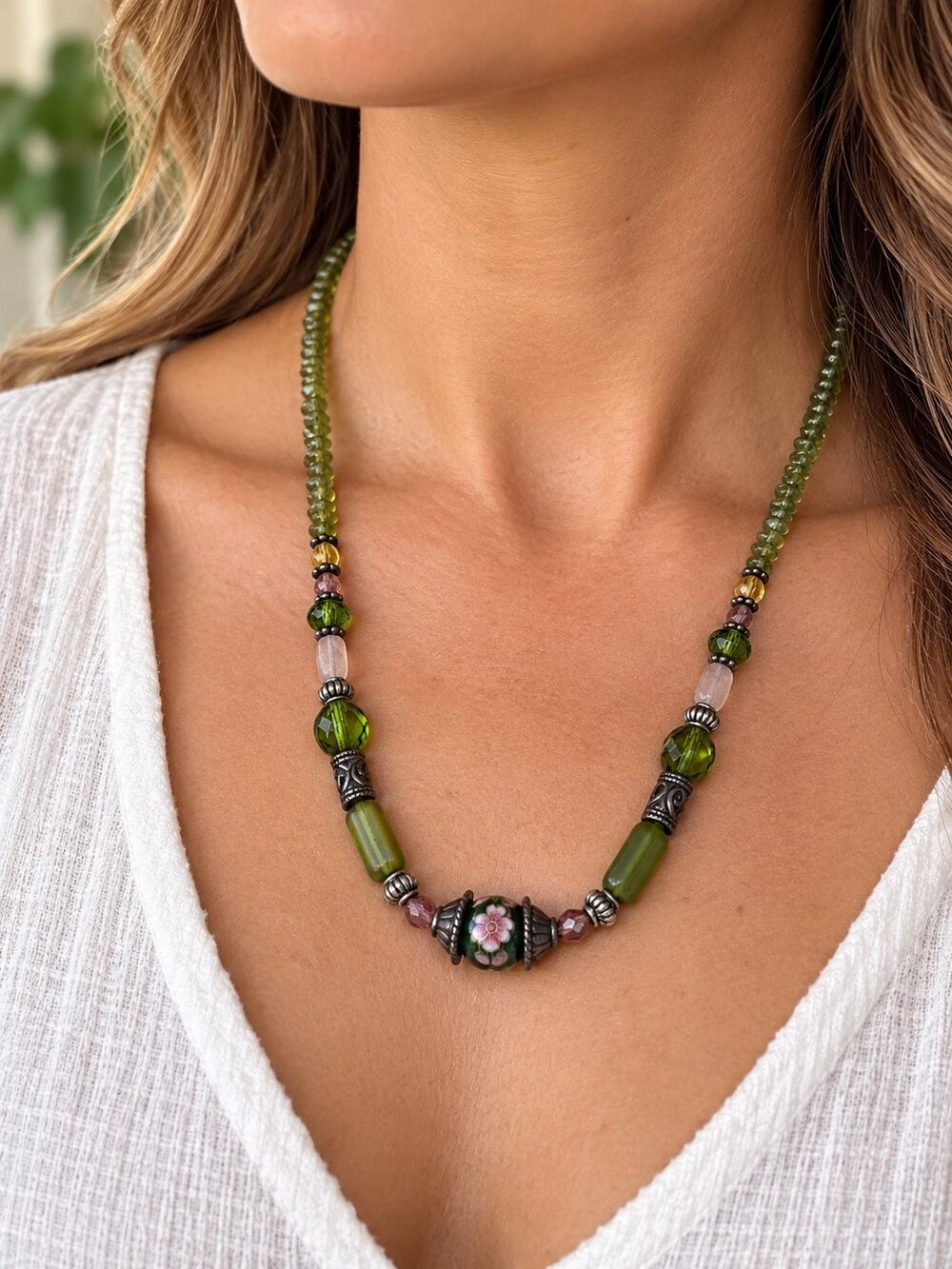 Green Floral Beaded Necklace Silver Tone Boho Artisan Statement Flower
